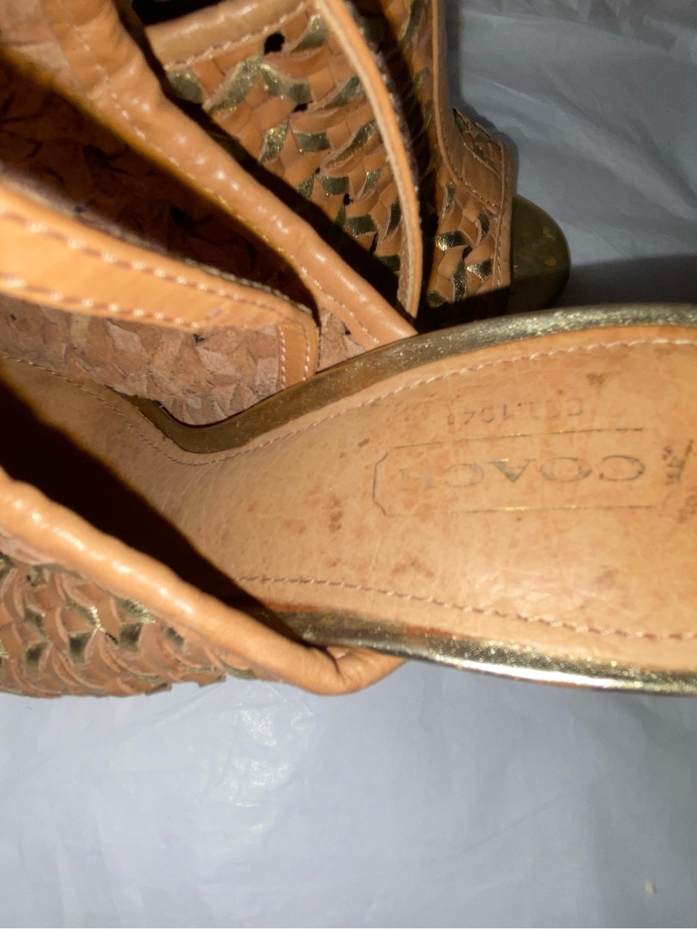 Coach Tan and Gold Woven Leather Peep-Toe Mules - Picture 7 of 8